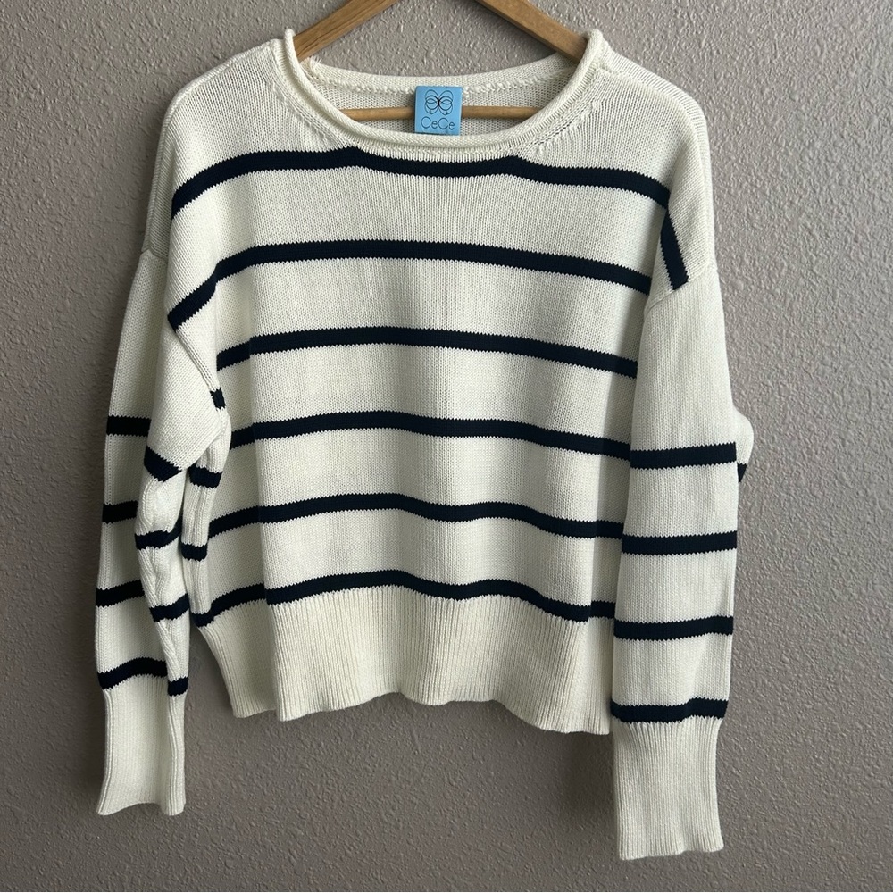 Cece Cream Navy Striped Oversized Pullover‎ Long Sleeve Cotton Crew Neck Sweater
